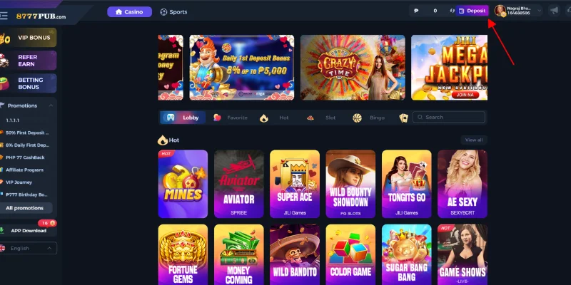 After registering or logging in, select Information then select Deposit at 777pub Lobby