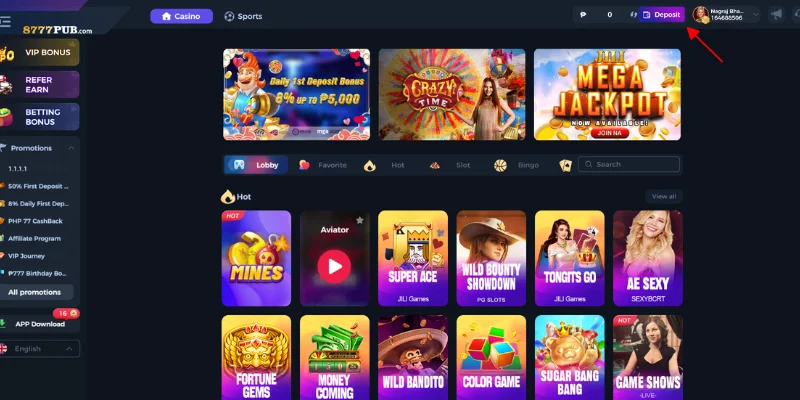 For quick withdrawal, click the deposit icon