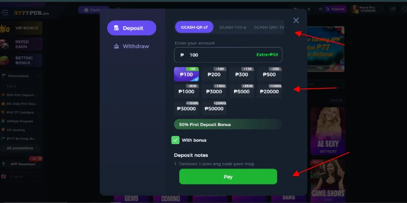 Select payment method, enter amount and deposit